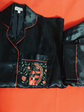 Black Madhubani Painted Satin Pyjama Sets