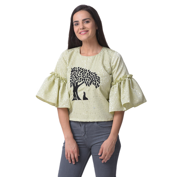 Pista Green Embroidered Satin Top