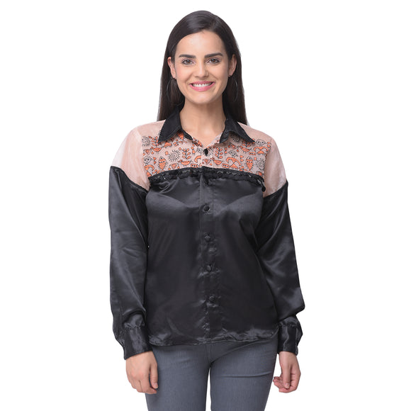 Black & Peach Kantha Embroidered Shirt