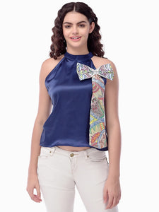 Navi Blue Madhbani Painted Bow Style Top