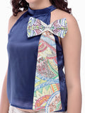 Navi Blue Madhbani Painted Bow Style Top