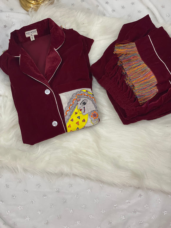Madhubani painted Maroon velvet night suit