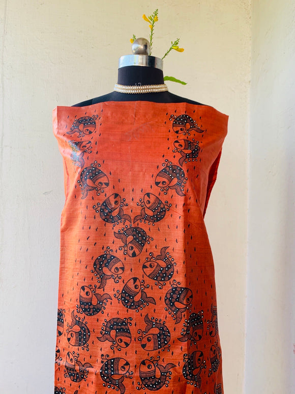 Orange Madhubani Painted Unstitched Silk Kurti