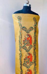 Yellow Madhubani Painted Unstitched Silk Kurti