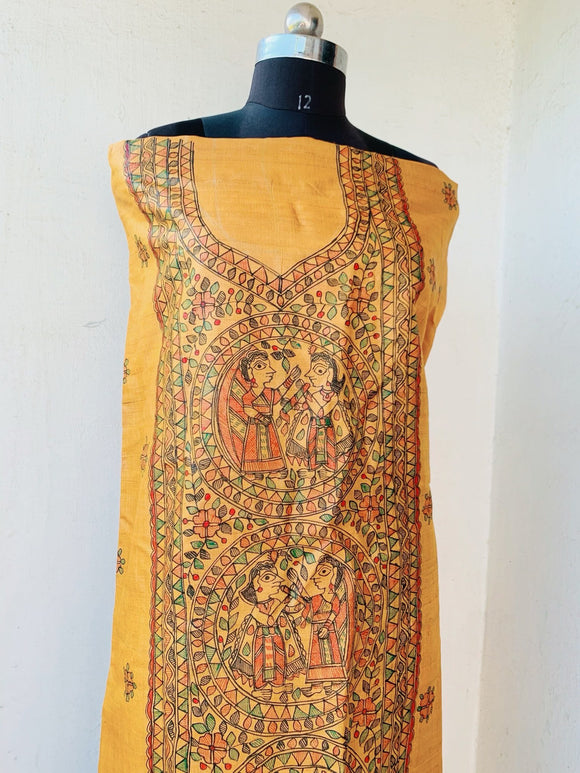 Mustard Yellow Madhubani Painted Unstitched Silk Kurti